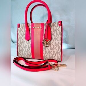 NWOT MICHAEL KORS Vegan Center Stripe Maple Small Crossbody Satchel in Hibiscus